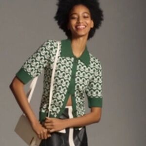 The Kinsley Collard Cropped Cardigan Sweater By Maeve Size M, Color Green Motif